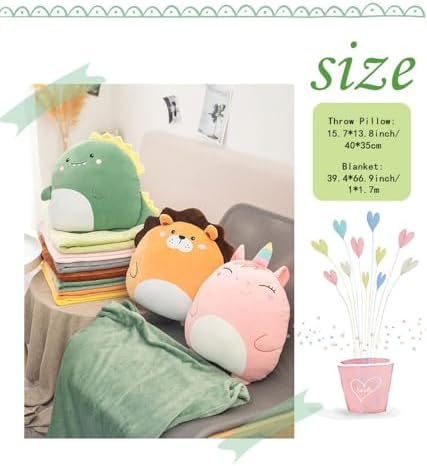 Flannel Cartoon Animal Sofa Throw Pillow and Blanket, 2 in 1 Portable Travel Blanket and Pillow Set for Camping Car Office (Dinosaur) - Image 5