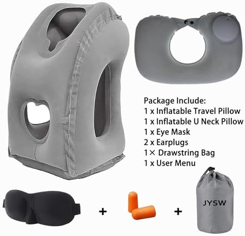 Inflatable Travel Pillow,U-Shaped JYSW Portable Airplane Pillow Multifunctional Neck and Head Support Lap Pillow for Airplanes Trains Buses and Office Napping with Eye Mask, Earplugs, Grey - Image 2