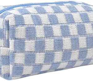 Small Cute Checkered Makeup Bag - Portable Cosmetic Pouch with Zipper, Travel Toiletry Bag, Purse Organizer, Beauty Storage, Blue