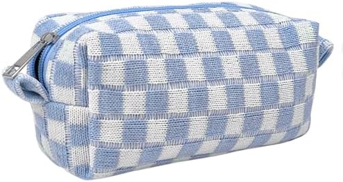 Small Cute Checkered Makeup Bag - Portable Cosmetic Pouch with Zipper, Travel Toiletry Bag, Purse Organizer, Beauty Storage, Blue