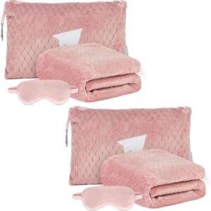 Plush & Plaid 2-Pack Travel Blanket Airplane Compact with Bag, Mid-Weight Soft Throw Blanket Pillow for Long/Short Flight, Portable Packable with Luggage Sleeve and Backpack Clip, 40x65, Pink