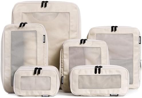 Compression Packing Cubes for Travel - Luggage Organizer Bags - Double Zipper Packing Cubes for Suitcases (6-Pack, Beige)