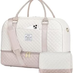 Travel Duffle Bag Weekender for Women - Carry On Overnight Bag with Shoe Compartment Duffel Bag with Wet Pocket Large Gym Weekend Bags Set Hospital Bags for Labor and Delivery Beige