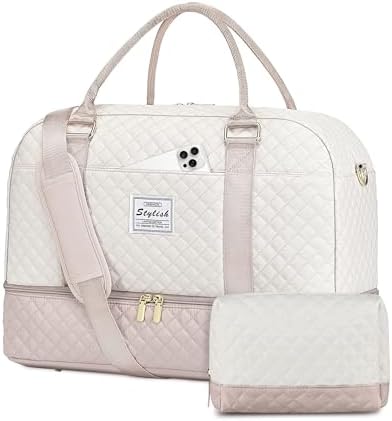 Travel Duffle Bag Weekender for Women - Carry On Overnight Bag with Shoe Compartment Duffel Bag with Wet Pocket Large Gym Weekend Bags Set Hospital Bags for Labor and Delivery Beige
