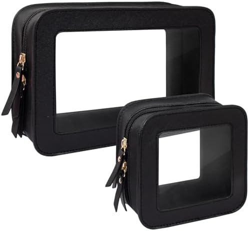 KOTORA Clear Makeup Bag Set for Women Portable Clear Make up Bag Cute Waterproof Travel Cosmetic Bag Toiletry Bag for Car Essentials Bag (Black)