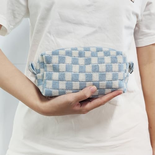 Small Cute Checkered Makeup Bag - Portable Cosmetic Pouch with Zipper, Travel Toiletry Bag, Purse Organizer, Beauty Storage, Blue - Image 7