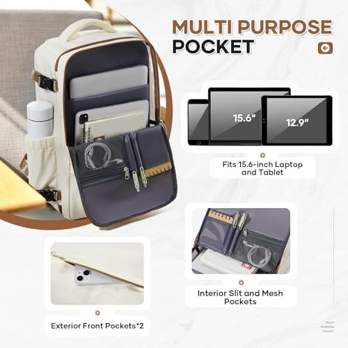 Travel Backpack For Women Men Carry on Backpack Luggage Flight Approved Personal item Travel Bag Essentials Mochila de viaje Laptop College Backpack Beige Brown - Image 3