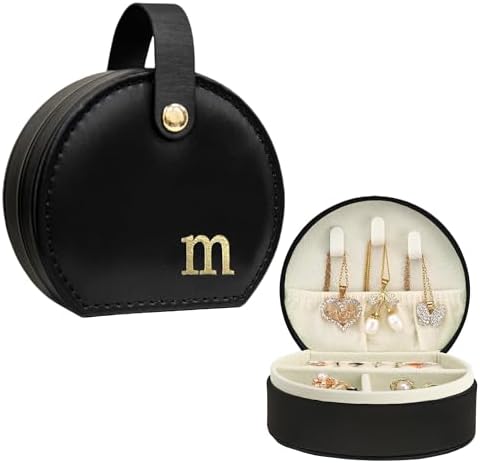 COLLECTIVE HOME - Travel Jewelry Case, Elegant Half-Moon Design with Gold Monogram, Detachable Handle, Personalized Accessory Organizer, Gift for Fashion-Forward Women and Teens, Black (m)