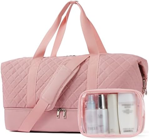 BOSTANTEN Large Travel Duffle Bag with Shoe Compartment and Trolley Sleeve, Waterproof Weekender Bags for Women, Pink - Image 7
