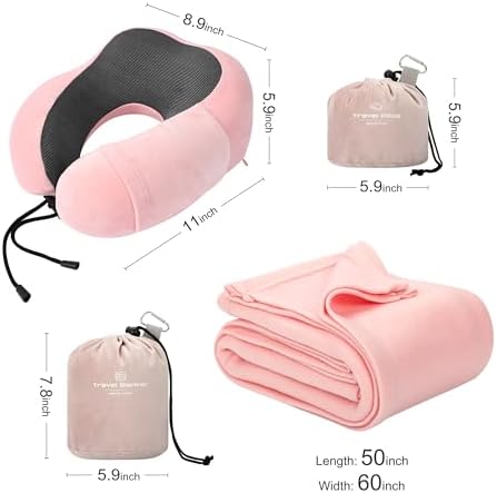 Pink Travel Neck Pillow and Blanket Set for Airplane Travel Essentials Womens Memory Foam Neck Pillow and Compact Soft Airplane Blanket with Bag for Traveling Airport Car Sleeping - Image 8