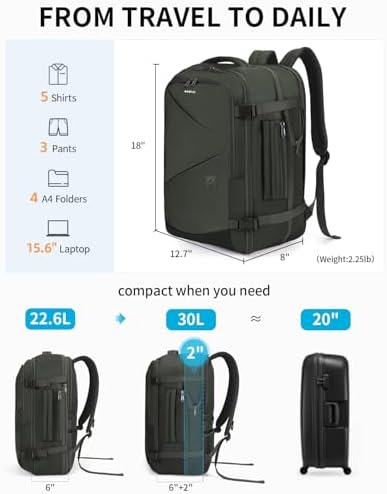 ECOHUB Carry On Travel Backpack, Expandable Airlines Personal Item Bag 18x14x8, Water Resistant 17 inch Laptop Backpack Flight Approved, 12 Pockets 30L Work Backpacks with Wet Pocket & Cable Slot - Image 3
