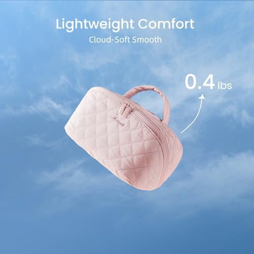 LOVEVOOK Travel Makeup Bag for Women, 2Pcs Set Puffer Waterproof Cosmetic Organizer, Large Capacity Pouch Open Flat Toiletry Bag with Divider & Handle, Portable Gift for Her, Pink - Image 4