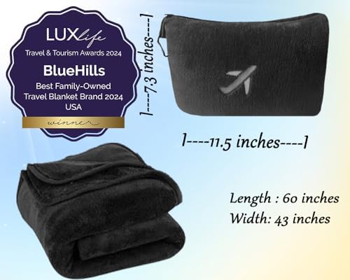 BlueHills Travel Blanket Pillow in Mini Soft Packable Case Premium Plush Airplane Blanket in Portable Compact Pack with Luggage Belt and Carabiner Long Flight Throw Essentials Lightweight- Black M05 - Image 3