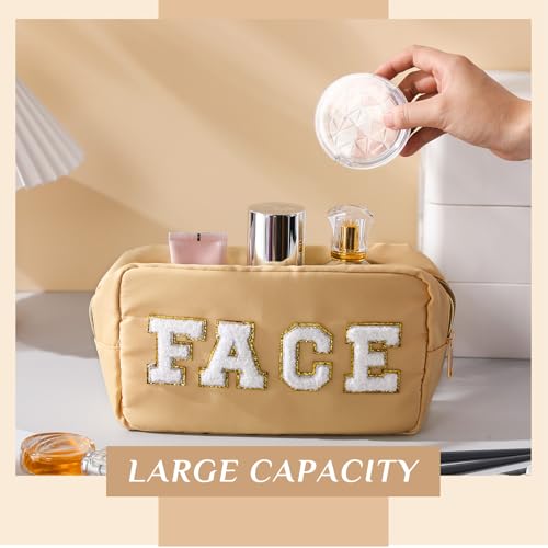 Remerry 4 Pcs Travel Toiletry Bags for Women Nylon Makeup Bag Organizer Cosmetic Chenille Letter Pouch Zipper Preppy Waterproof Hair Pouch Christmas Gift (Light Brown, Beige, Light Pink, White) - Image 6