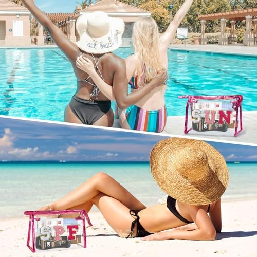 COSHAYSOO Clear Makeup Bag Sunscreen Pouch Summer Things Accessories Waterproof Beach Pool Essentials Stuff Air Cruise Travel Toiletry Gifts for Women Teenage Girls with Chenille Letter Pink SUN - Image 5