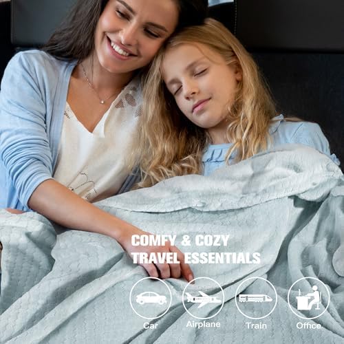 Plush & Plaid 2-Pack Travel Blanket Airplane Compact with Bag, Mid-Weight Soft Throw Blanket Pillow for Long/Short Flight, Portable Packable with Luggage Sleeve and Backpack Clip, 40x65, Blue - Image 6