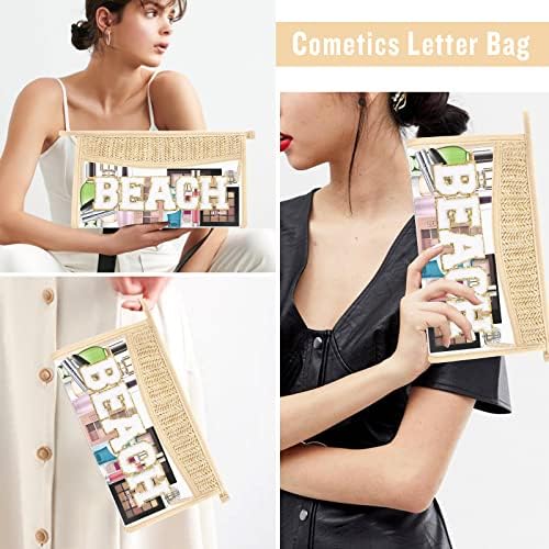 2 Pcs Boho Straw Clear Makeup Letter Bag BEACH Pouch, Sunscreen Bags for Beach Travel Small Cute Chenille Letter SPF Bag Pouch,Waterproof Beach Toiletry Sun Bag Best Beach Accessories for Women(BEACH) - Image 4
