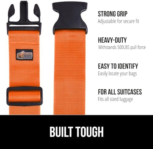 GORILLA GRIP Heavy Duty Adjustable Luggage Straps for Suitcases, Easy to Identify Travel Belt Connector Holds Suitcase Together, Extends Life of Bag, Strap Connects Two Bags, Accessories 2 Pack Orange - Image 2
