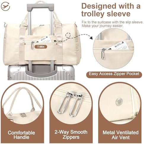FIORETTO Womens Gym Tote Duffle Bag with Wet Pocket & Shoe Compartment, Sports Duffel Overnight Weekender Hospital Workout Carry on Bag for Girls, Ideal for Travel, Swimming, Dance, Ballet Beige - Image 4