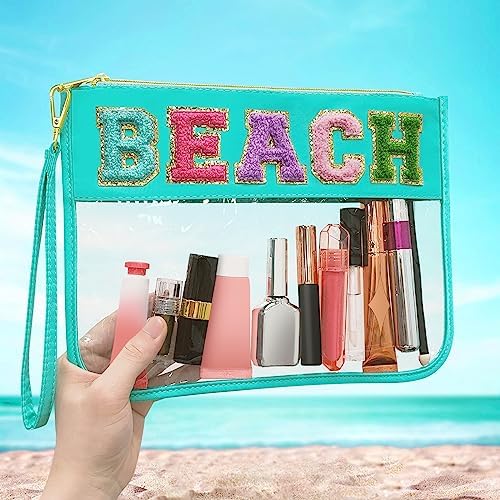 Chenille Letter Clear Travel Zipper Pouch Nylon Makeup Bag, Preppy Makeup Bag Clear Cosmetic Toiletry Bag, Water-proof Makeup Travel Pouch Snack Bags for Women (Mint Green-Beach) - Image 6