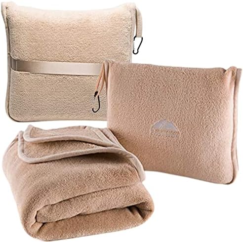 BlueHills Premium Soft Travel Blanket Pillow Airplane Blanket Packed in Soft Bag Pillowcase with Hand Luggage Belt and Backpack Clip, Compact Pack Large Essential for Any Travel (Beige T005)