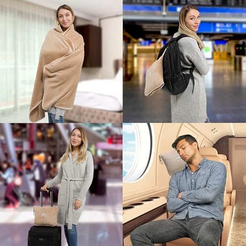 BlueHills Premium Soft Travel Blanket Pillow Airplane Blanket Packed in Soft Bag Pillowcase with Hand Luggage Belt and Backpack Clip, Compact Pack Large Essential for Any Travel (Beige T005) - Image 2