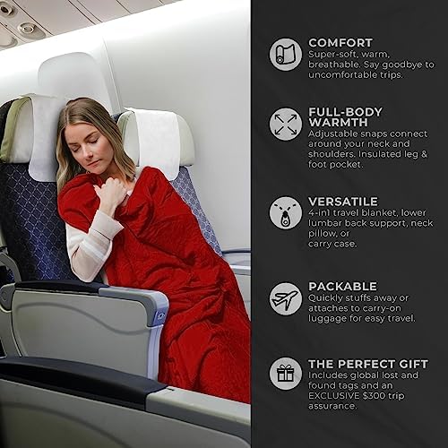Lightweight Travel Blanket - Premium & Compact Airplane Wearable Blanket with Neck Snaps, Cozy Foot Pockets, Zipper Pouch - Converts into Soft Pillow - Designed for Ultimate Comfort - Scarlet - Image 2