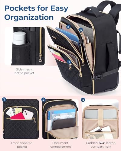 BAGSMART Rolling Backpack for Women, Travel Carry-On Backpack with Wheels, 17 Inch Large Roller Wheeled Daypack with Two Packing Cubes, Black - Image 4