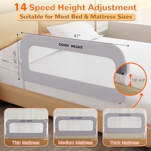 Bed Guard Rail for Toddlers - 47" Adjustable Heights & Folding up Portable Bed Railing for Baby - Toddler Bed Rails Guard for Crib, Twin, Bunk,Full Size, Queen & King Bed(Grey) - Image 3