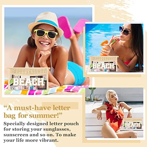 2 Pcs Boho Straw Clear Makeup Letter Bag BEACH Pouch, Sunscreen Bags for Beach Travel Small Cute Chenille Letter SPF Bag Pouch,Waterproof Beach Toiletry Sun Bag Best Beach Accessories for Women(BEACH) - Image 7