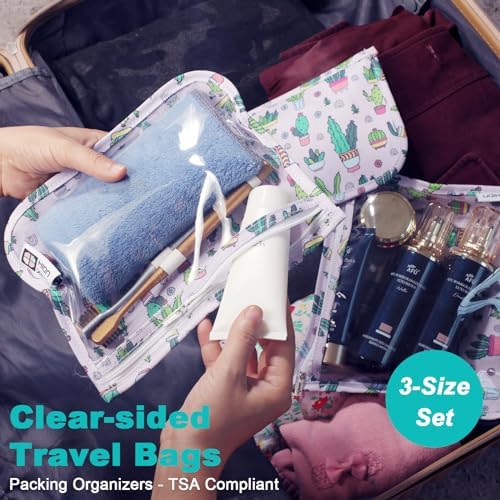 TSA Approved Toiletry Bag, Set of 3 Clear Travel Toiletry Bag Quart Size Zipper Travel Pouch, Waterproof Makeup Cosmetic Bag for Women Men Kids Toiletries Carry on, Cacti A - Image 2