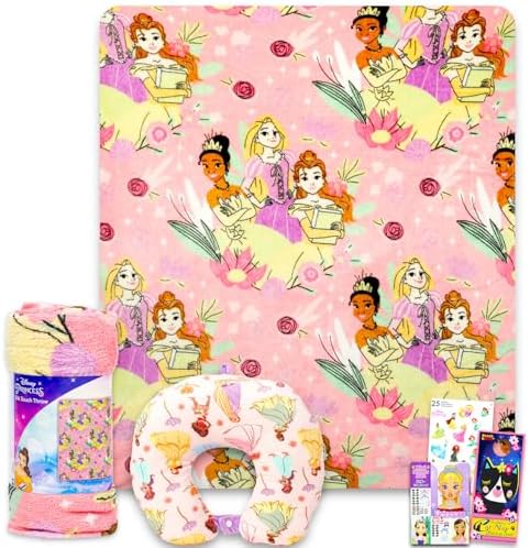 Disney Princess Travel Blanket and Pillow Set - Bundle with 40"x 50" Belle, Tiana, Rapunzel Throw Blanket, Neck Pillow, Stickers, More | Disney Princess Travel Accessories for Kids, Girls