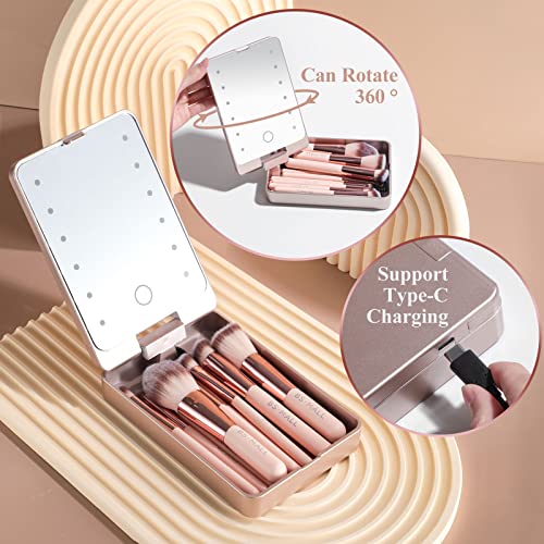 BS-MALL Makeup Brushes Foundation Powder Concealers Eye Shadows Makeup Set with LED light Mirror 14 Pcs Mini Makeup Brushes (APINK) - Image 2
