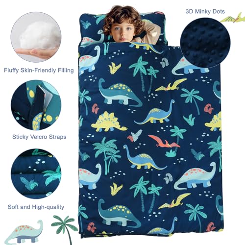 PHF Toddler Nap Mat with Removable Pillow and Minky Fleece Blanket, Rollup Design Warm Slumber Bags for Boys, 50"x20"x2" Kids Sleeping Bag for Daycare Preschool Travel Camping, Dinosaur - Image 4