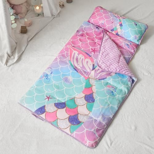 Nap Mats for Daycare Preschool Nap Mat for Toddlers Girls Kids Sleeping Bag with Pillow and Blanket Roll Up Sleeping Mat Foldable Mat for Camping Travel Kindergarten, Mermaid Tail - Image 2