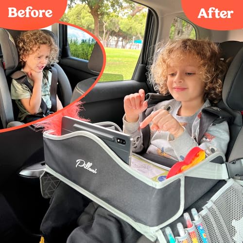 PILLANI Kids Travel Tray for Car - Car Seat Tray for Kids Travel, Road Trip Essentials - Carseat Table for Roadtrip Activities - Must Have Toddler Lap Desk Organizer for Airplane - Car Accessories - Image 3