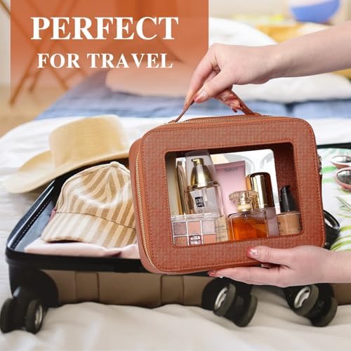 Clear Makeup Bag Waterproof Travel Case for Cosmetics and Toiletries Women's Makeup Organizer and Car Bag with Zipper (X/Brown, L-1) - Image 4