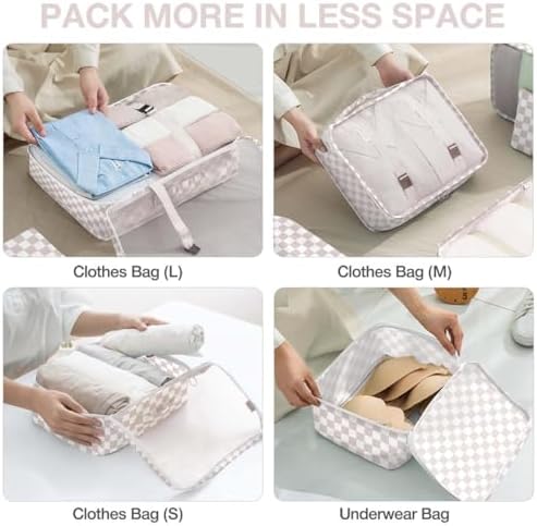 8 Set Packing Cubes for Suitcases, Packing Cubes with Shoe, Cosmetics, Clothing, Accessories Bags for Travel Luggage Organizer Women Men(Light Pink Checkered) - Image 4