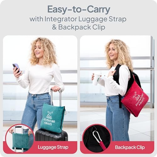 Travel Blanket & Pillow Set of 2- Super Soft 2-in-1 Compact Blanket with Hand & Feet Pouches, Converts into Plush Pillow, Large Size for Airplanes, Travel Essentials, Luggage Sleeve & Clip (Teal/Red) - Image 6