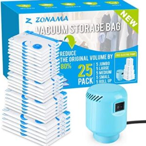 Vacuum Storage Bags with Electric Air Pump, 25 Pack (5 Jumbo, 5 Large, 5 Medium, 5 Small, 5 Roll Up Bags) Space Saver Bag for Clothes, Mattress, Blanket, Duvets, Pillows, Comforters,Travel, Moving