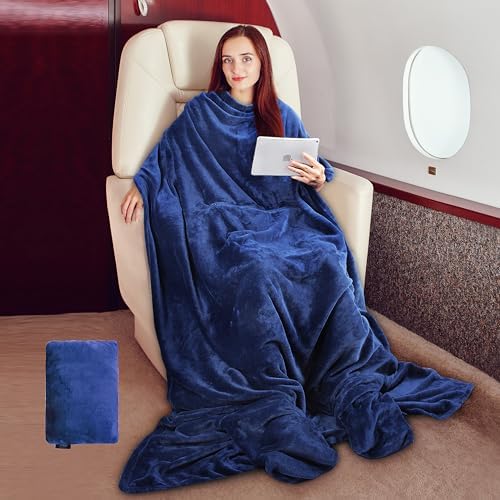 Tirrinia Travel Blanket Pillow - Wearable Airplane Blanket with Feet Pockets for Long Flights, Airplane Accessories Blanket Robe for Women and Men, Gift for Her