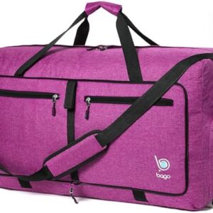 Bago Large Foldable Duffel Bags for Traveling Women & Men - 80L Packable Duffle Bag for Travel with Shoe Compartment - Water Repellant, Heavy Duty, Lightweight Folding & Collapsible (SnowPink)