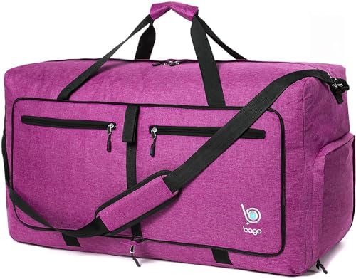 Bago Large Foldable Duffel Bags for Traveling Women & Men - 80L Packable Duffle Bag for Travel with Shoe Compartment - Water Repellant, Heavy Duty, Lightweight Folding & Collapsible (SnowPink)