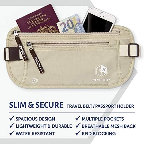 VENTURE 4TH Travel Money Belt - Slim Passport Holder RFID Blocking Travel Pouch to Protect Cash, Credit Cards and Travel Documents (Beige) - Image 3