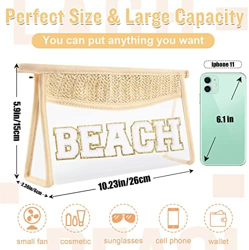 2 Pcs Boho Straw Clear Makeup Letter Bag BEACH Pouch, Sunscreen Bags for Beach Travel Small Cute Chenille Letter SPF Bag Pouch,Waterproof Beach Toiletry Sun Bag Best Beach Accessories for Women(BEACH) - Image 2