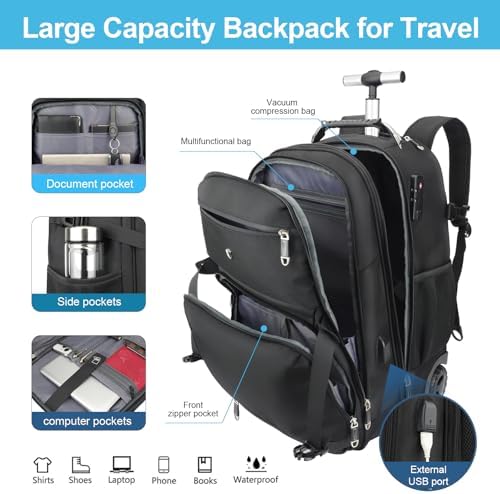 Vacuum Rolling Backpack,50L Roller Travel Laptop Backpack with Anti-Theft,rolling backpack for travel,Water-Resistant Carry-On Luggage,Business and Commuting (A) - Image 2
