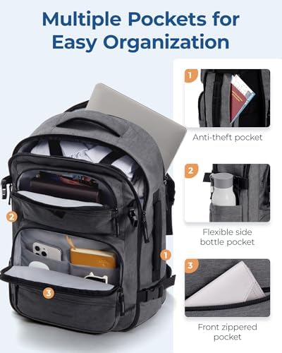 BAGSMART Travel Backpack for Women Men, 40L Flight Approved Carry on Backpack with Shoe Bag, TSA Large Personal Item Backpack with 17 Inch Laptop Compartment, Weekender Suitcase for Travel, Grey - Image 5