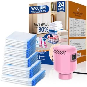 24 Pack Vacuum Storage Bags with Electric Pump, Space Saver Bags (5 Jumbo, 5 Large, 5 Medium, 5 Small, 4 Roll Up Bags) Travel Vacuum Seal Bags for Clothes, Bedding,Blankets,Duvets, Pillows