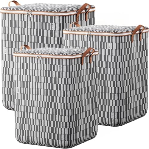Storage Bins with Lids Non-woven Sturdy Zipper Foldable Moving Quilt Storage Basket Travel Large-capacity Clothing Storage Bag Organizers for Pillows Blankets (3Pack L) - Image 2