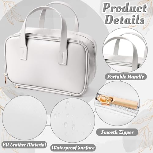 Travel Makeup Bag for Women - Beauty Cosmetic Bag with Brush Storage, Large Capacity Portable Waterproof PU Leather Zipper Toiletry Pouch with Divider and Handle for Girl Birthday Gift (White) - Image 3